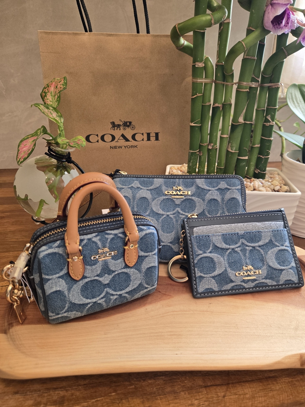 Coach Signature Denim Set: Mini Rowan Charm + Wristlet + Card Case NWT